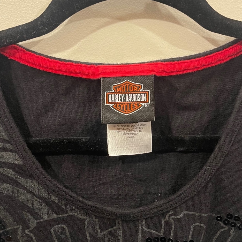 Harley Davidson Frankfurt Germany Tank Top Womens L Black Sequin Eagle - Picture 3 of 8